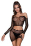 Set cu top crop si fusta mini din plasa cu maneci lungi – compleu sexy One Size (marime universala), negru